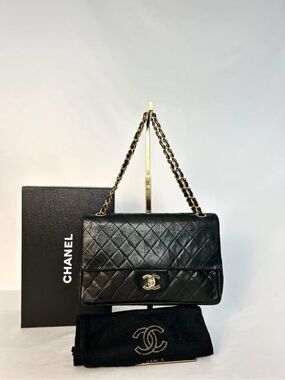 Authentic CHANEL Black Quilted Lambskin Shoulder Bag with Gold Hardware